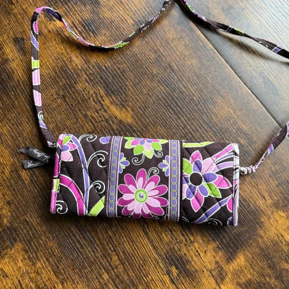 Vera Bradley Floral Quilted Crossbody Wallet Bag Brown Pink Green